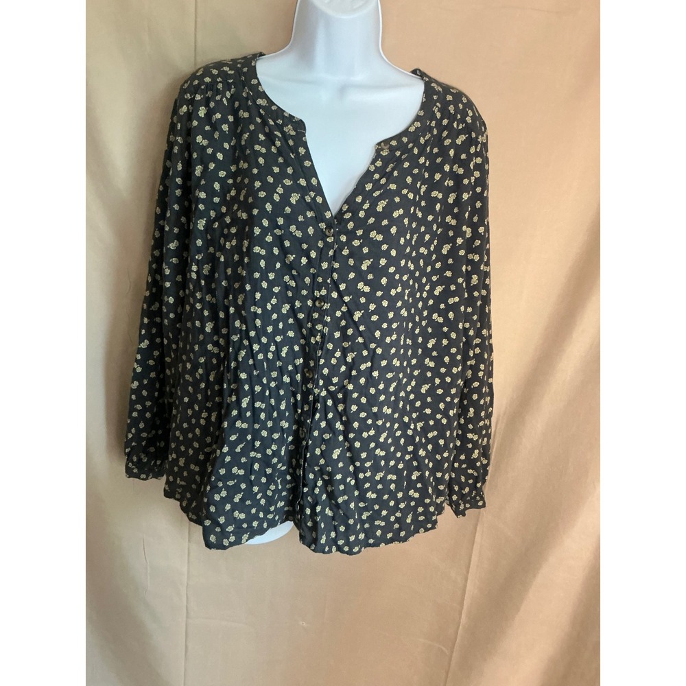 Sonoma Floral Blouse Womens XXL Navy Blue Excellent Button Front Long Sleeve